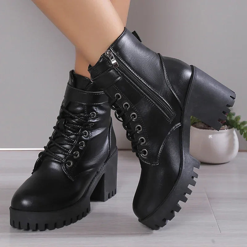 Women's High Heels Ankle Boots for 2023 Black PU Leather Platform Short Boots Woman Side Zipper Thick Heeled Punk Botas De Mujer