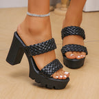 Women High Heels Sandals Fashion Weave Thick Heel Slippers Square Toe Summer Casual Ladies Slides Slip on Beach Sexy Shoes Woman