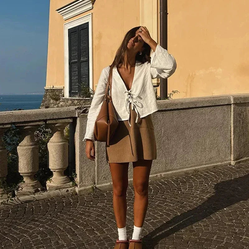 Casual Solid Lace Up Women Blouse Deep V-neck Long Sleeve Loose Female Shirt 2025 Spring Summer New Fashion Sweet Ladies Blouses