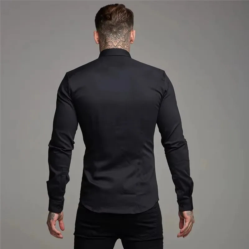 Men's Shirt Fashion Full Sleeve Shirt Men's Muscle Casual Slim-fit Business Dress Solid Color Shirt Men's Gym Fitness Men Shirt