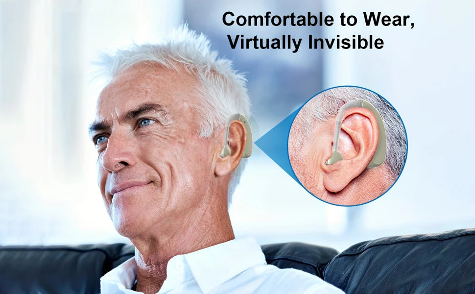 Auxiliary headphones, sound amplifier, noise reduction, adjustable volume, hanging ear with charging case