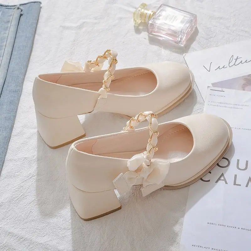 High Heels Shoes for Woman 2024 Pumps Square Toe Gothic Women's Summer Footwear Mary Jane Japanese Style Lolita with Bow White A