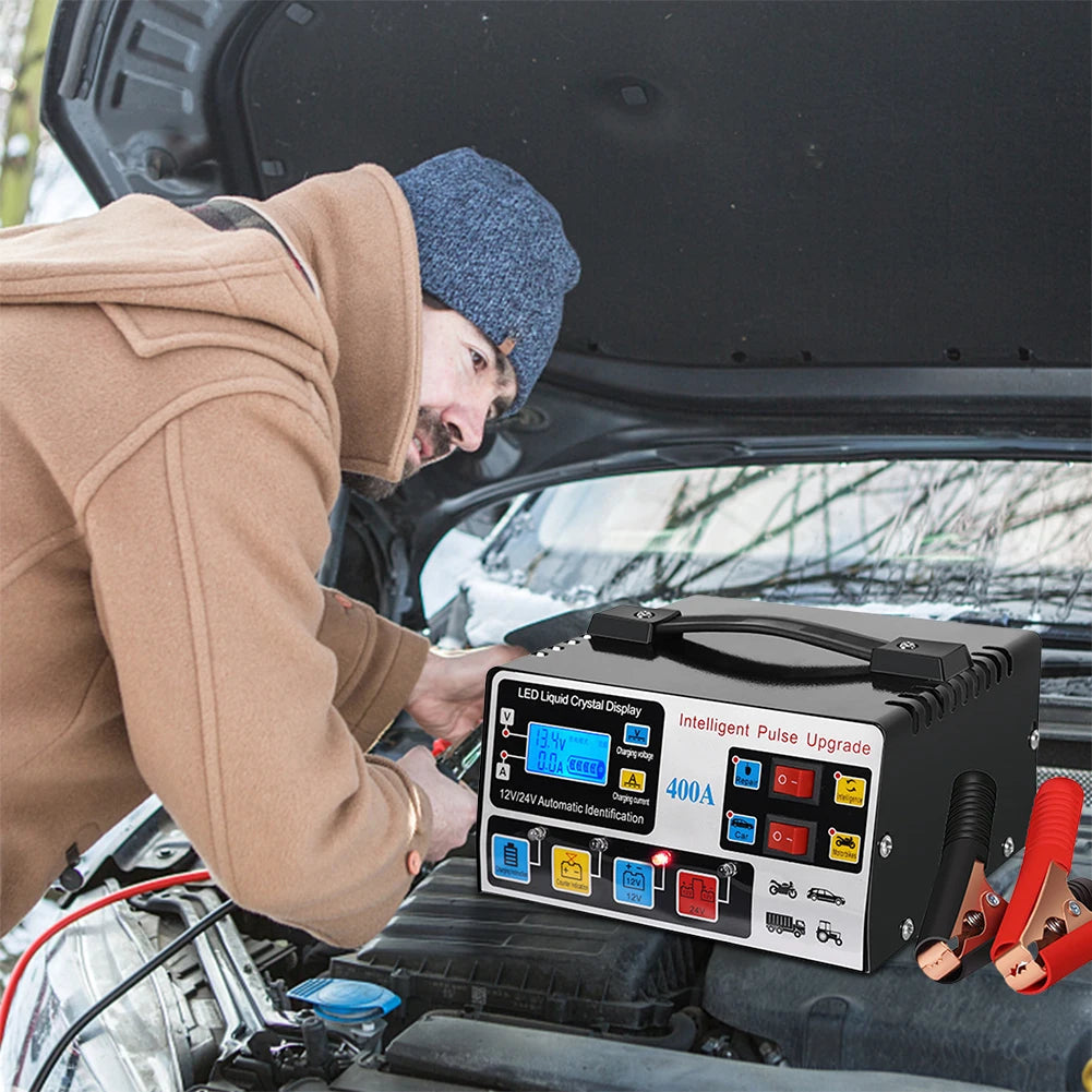 400A Heavy Duty Smart Battery Charger 12V/24V Battery High Power Fast Charger Five-Stage Intelligent Pulse Repair Charger 220W