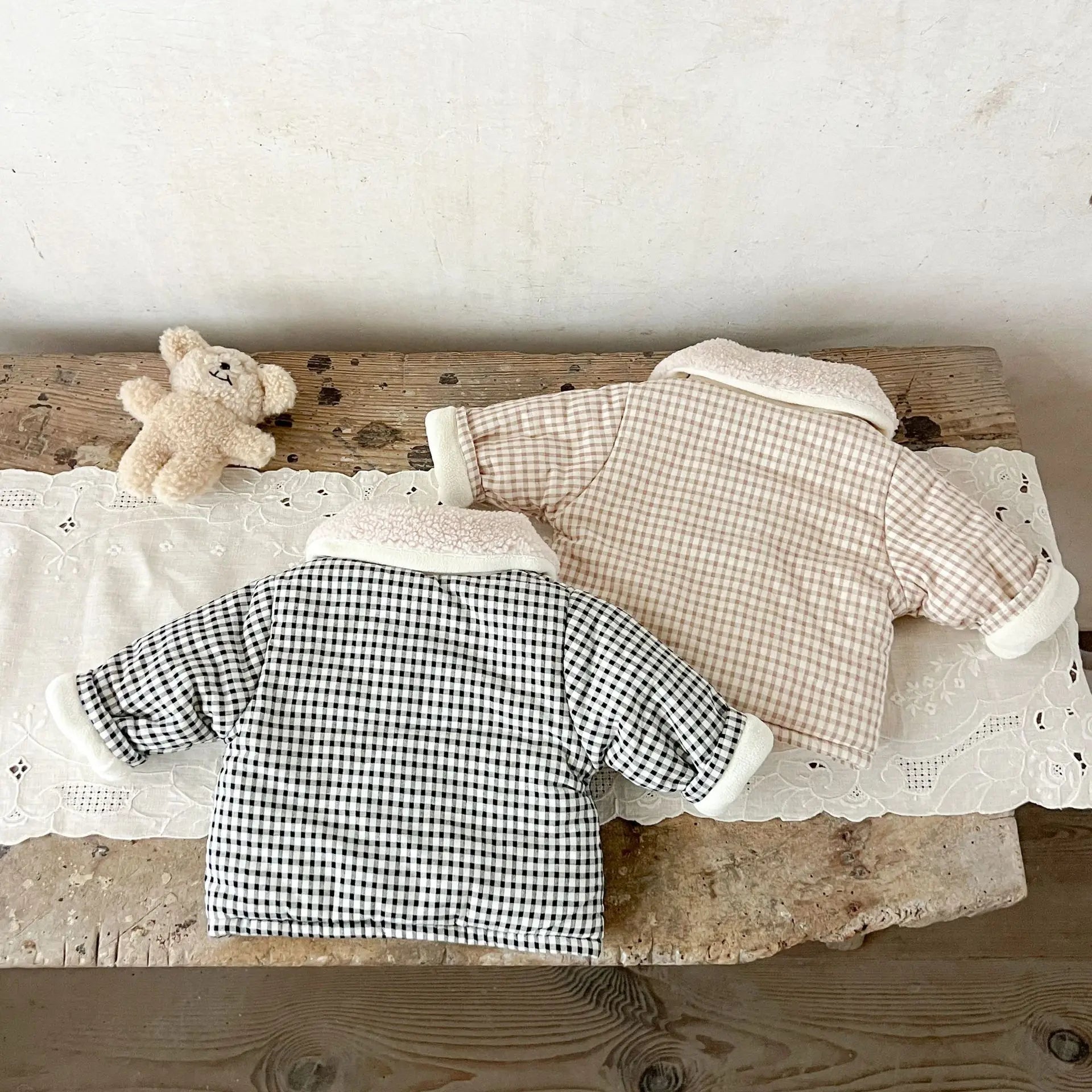 Winter Baby Girl Clothing  Plaid Coat Warm Fleece Lined Cartoon Bear Embroidery Children Cotton Padded Jacket