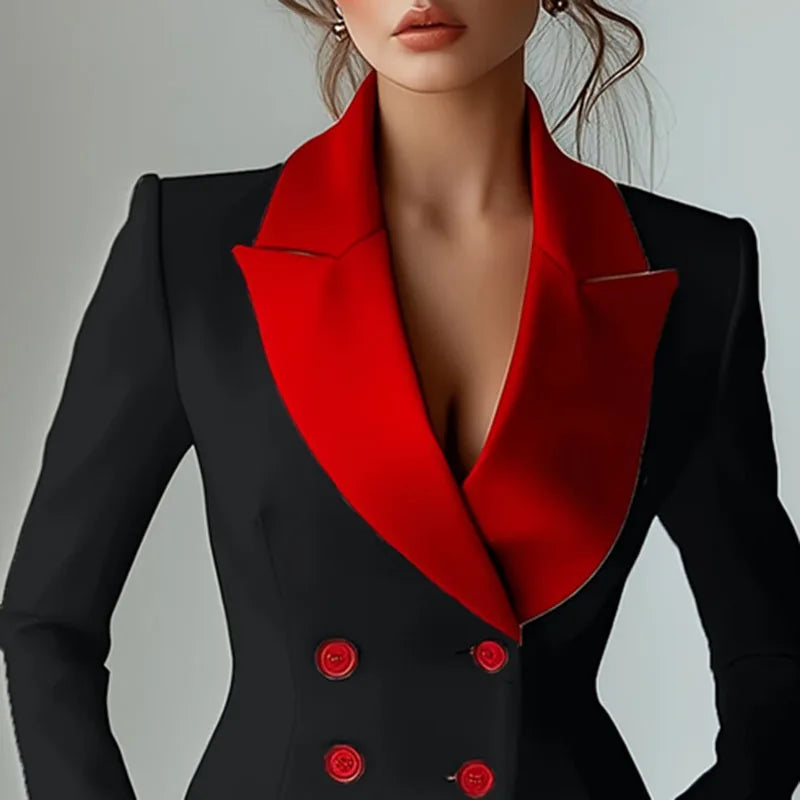 Fashion Contrast Notched Collar Women's Jacket Coat Elegant Double Breasted Office Blazer Autumn Long Sleeve Sexy Top Outerwears