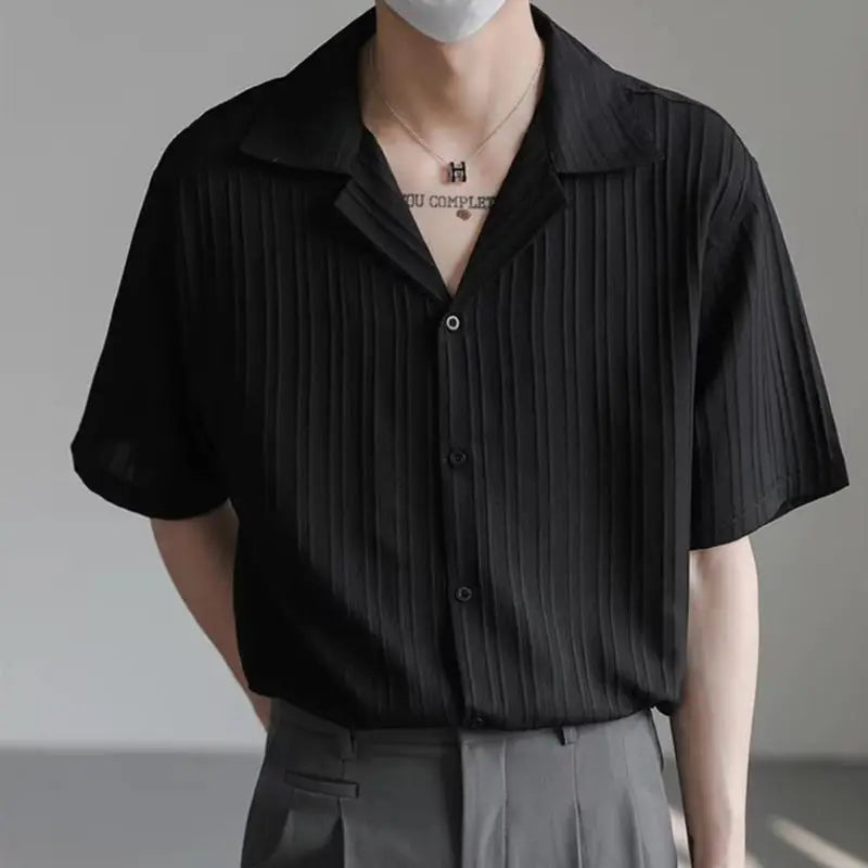 Men's Shirt Black Loose Short Sleeve Male Shirts Designer with Collar High Quality Luxury Sleeves Silk New in Vintage Slim Fit
