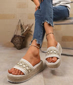 Women's Slippers  for Beach Heeled Sandals Bohemian Handmade Ladies Espadrillesm Ethnic Style Cotton Rope Platform Shoes