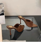 Elegant Woman Heeled Shoes 2025 New Open Toe Slippers Women Fashion Outdoor Metal Decoration Summer Plus Size Dress High Heels