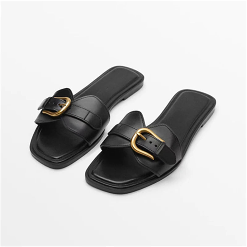 Slippers for Woman 2025 Summer Beach Flats Ladies Buckle Slides Gladiator Sandals Luxury Leather Mules Zapatos Mujer