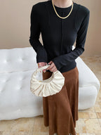 Women's casual stitching slim fit shoulder slimming base long sleeved T-shirt