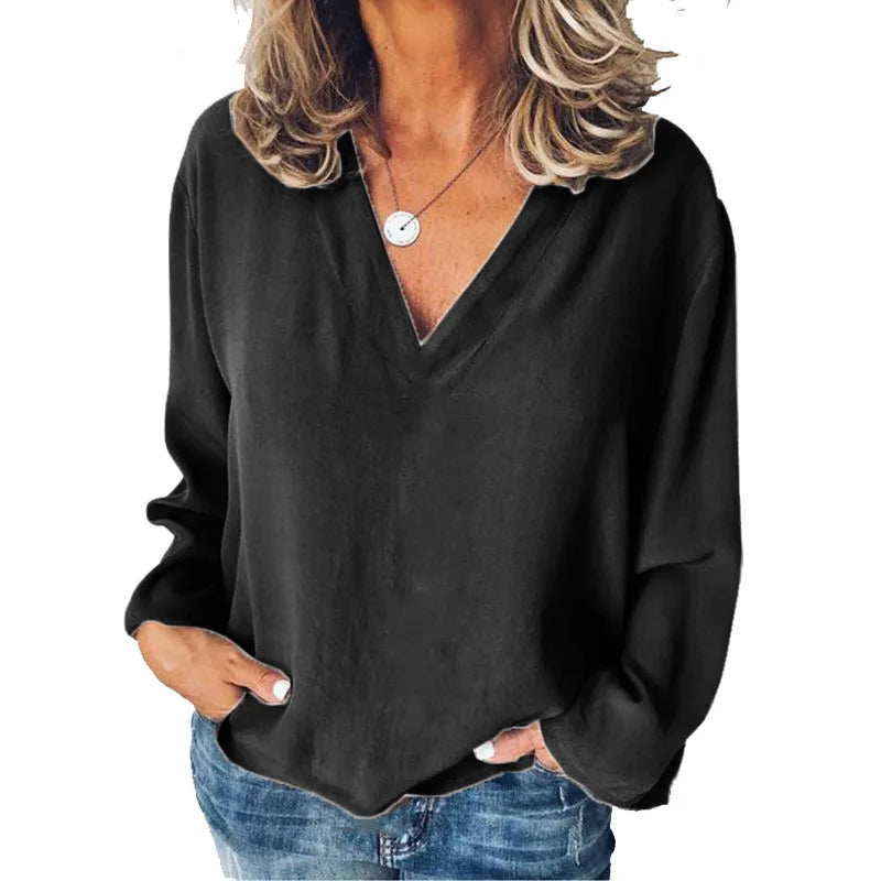 Women's Stitching Shirt Loose Stitching V-neck Long Sleeve Pullover Chiffon Shirt Fall Top Simple Elegant Street Blouse