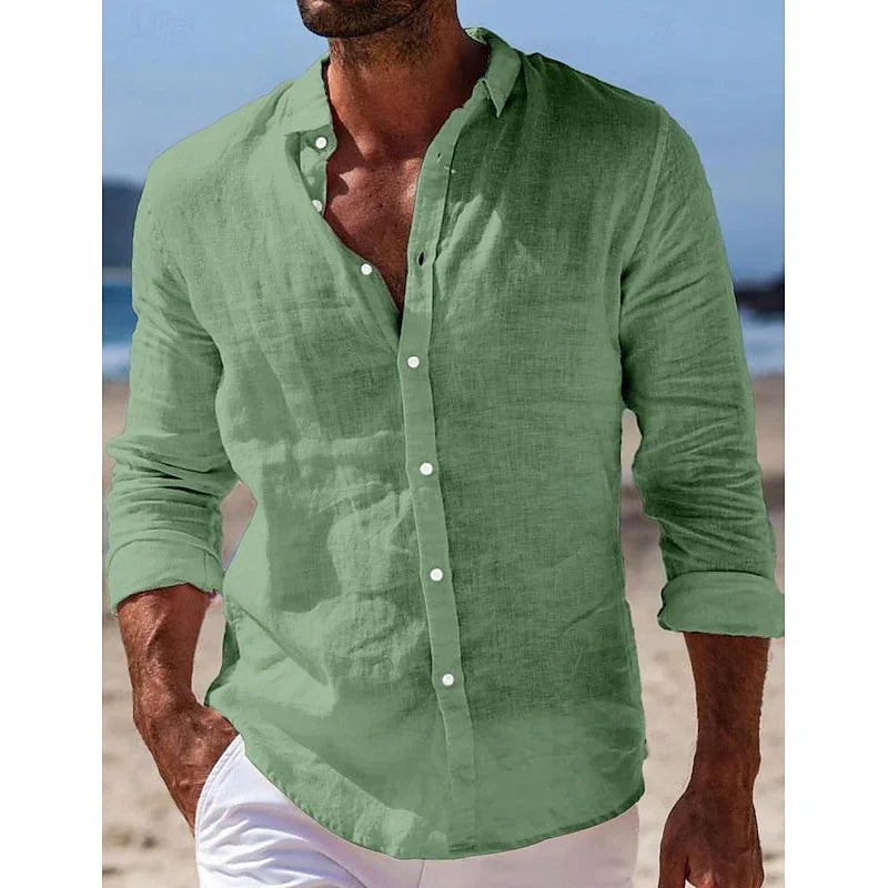 Men's Shirt Linen Shirt Summer Beach Shirt Button Solid Color Casual Daily Black White Pink Navy Blue Long Sleeve Lapel XS-6XL