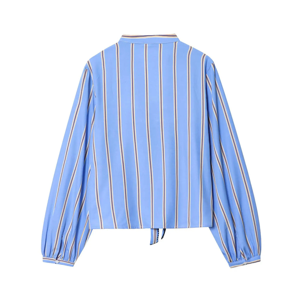 Women Striped Printed Lace-Up Shirt With Bow New Puff Long Sleeves V-Neck Hollow Out Blouses Sweet Ladies Fashion Tops