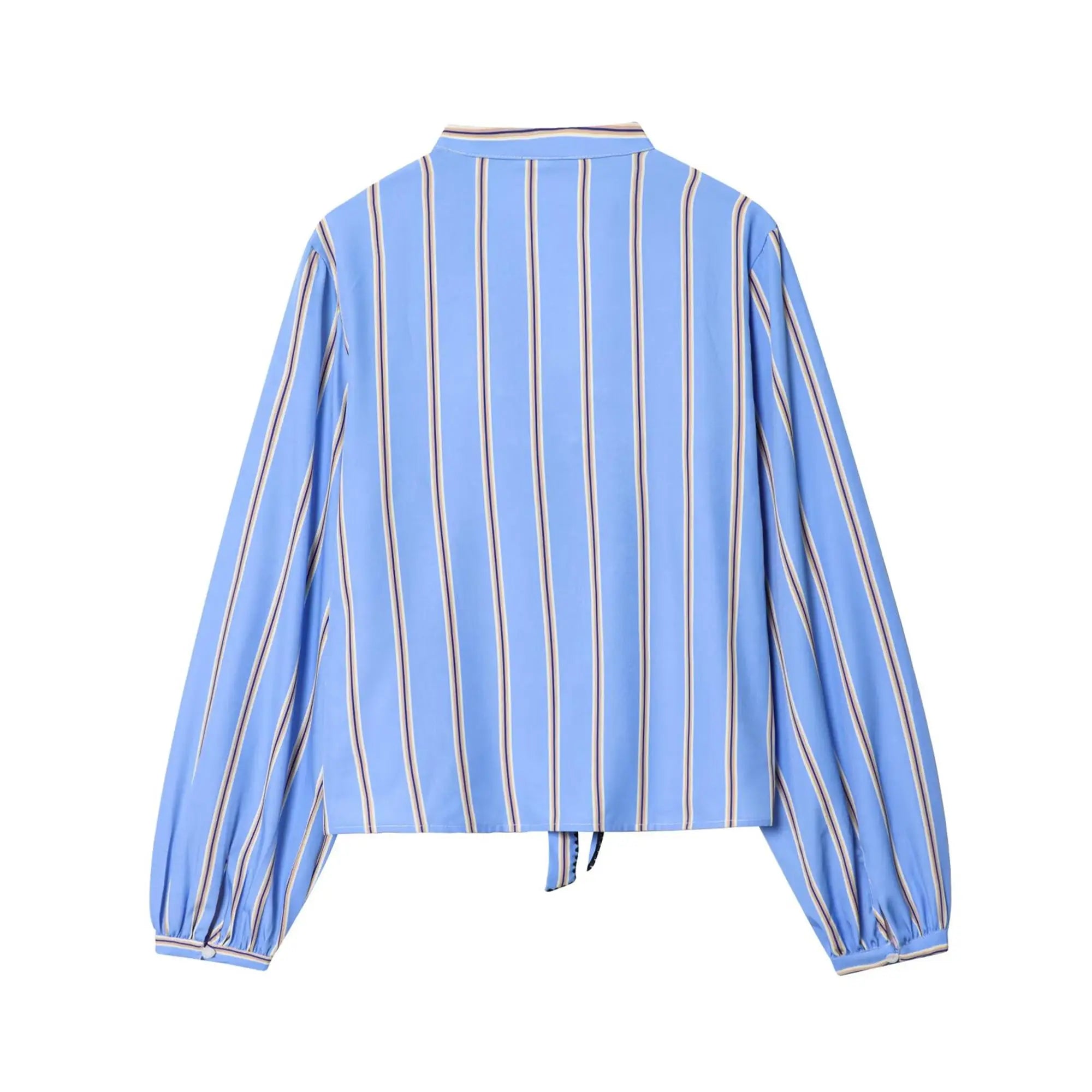 Women Striped Printed Lace-Up Shirt With Bow New Puff Long Sleeves V-Neck Hollow Out Blouses Sweet Ladies Fashion Tops