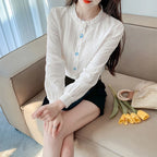 Woman's Embroidery Cotton Long-Sleeved Shirt New Stand Collar Stitching Ruffled Shirts Female Temperament Age-Reducing Thin Top