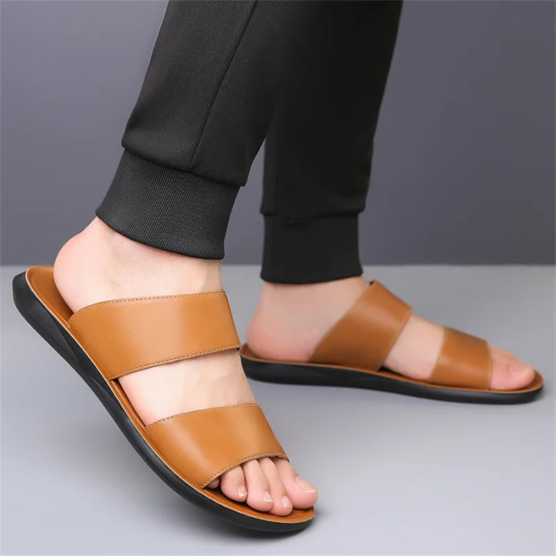 Slippers for Men Luxury Brand Leather Casual Slippers 2025 Summer New Beach Slippers for Men Non Slip Flat Sandals Large Size48
