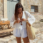 Casual Solid Lace Up Women Blouse Deep V-neck Long Sleeve Loose Female Shirt 2025 Spring Summer New Fashion Sweet Ladies Blouses