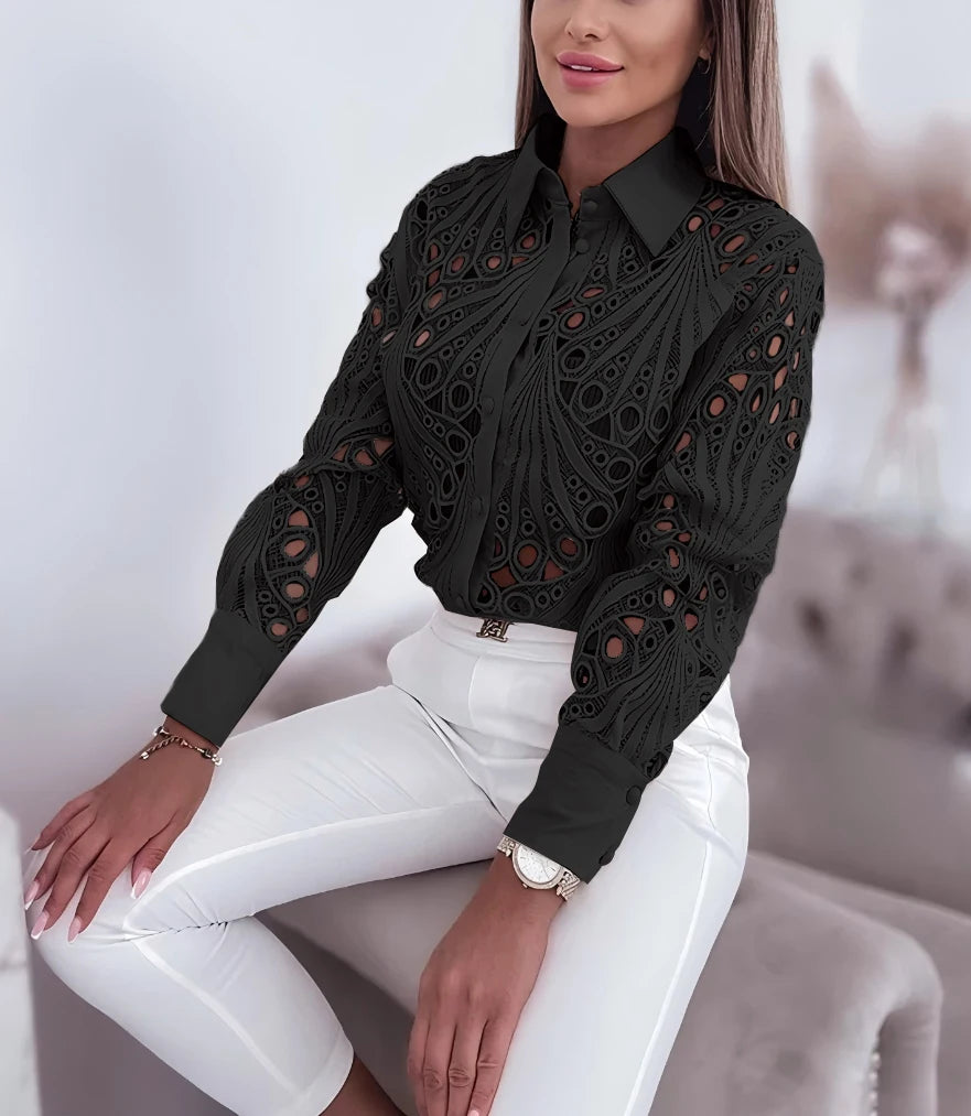 Women's Blouses Hollowed Out Long Sleeved Shirt Casual Solid Button Up With Lapel And Open Front Camisas Femininas