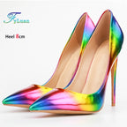 Brand Women High Heels 8-12CM Fashion Iridescent Pointed Toe Single Shoes Woman Thin Heel Summer Glossy Colorful Leather Pumps