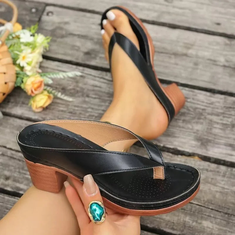 Women Sandals High Quality Summer Sandals Woman Solid Color Mid Heel High Heels Shoes Women Open Toe Flip Flops Sandals Female