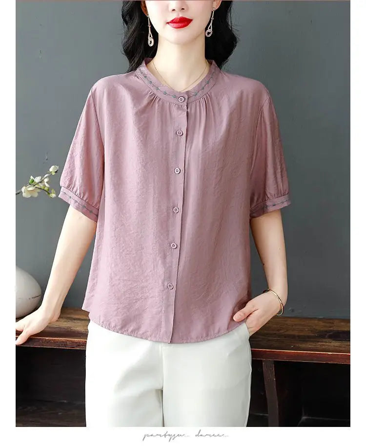 Embroidered Blouse Women Short Sleeve Summer Loose Slimming Top