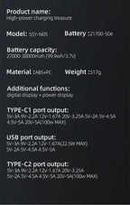 160W Power Bank 30000mah TFT Digital Display PD100W PD QC SCP PD80W+PD80W Laptop Phone Earphone Portable Two Way Fast Charging