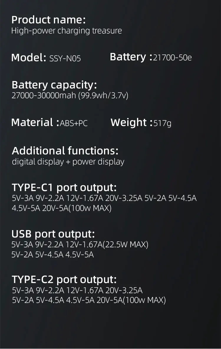 160W Power Bank 30000mah TFT Digital Display PD100W PD QC SCP PD80W+PD80W Laptop Phone Earphone Portable Two Way Fast Charging