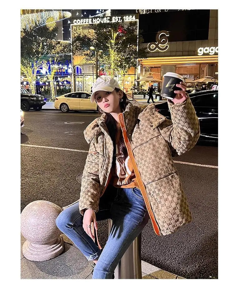 Winter Letter Print Hooded Jacket Women Clothing Trend Zipper Parkas Puffer Down Cotton Coats Design Vintage Windproof Outerwear