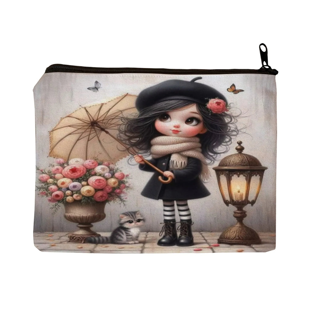 Cute girl holding an umbrella Cosmetic Bag Cosmetic Pouch Cosmetic Brush Aesthetic Accessory Storage Bag Travel Makeup Bag