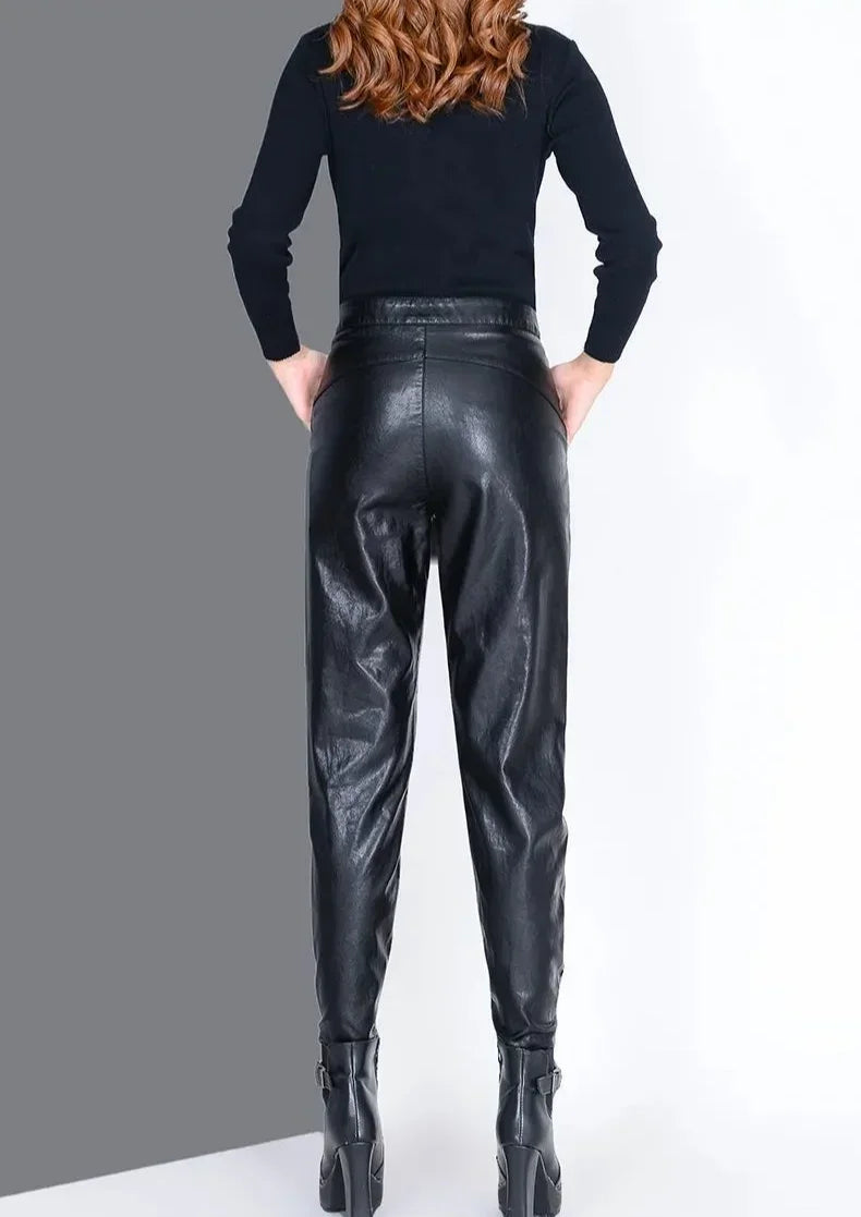 Pants for Women High Waist PU Leather Harem Woman Trousers Aesthetic One Size Classic Autumn Trends 2025 90s Outfits Clothing G