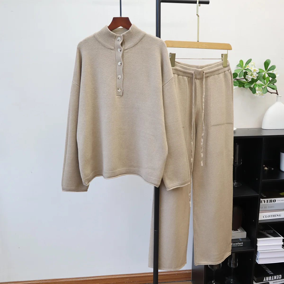 Pant Set Women Two Piece Sets Stand Collar Full Sleeve Knit Tops Wide Leg Long Pants Lace Up Elastic Waist Y2k Streetwear