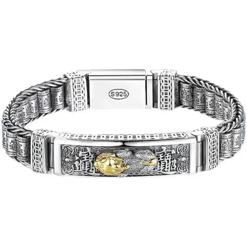 Vintage 100% Solid S925 Silver Retro Lucky Pixiu Man Bracelet Thick Style Domineering Trend Personality Jewelry