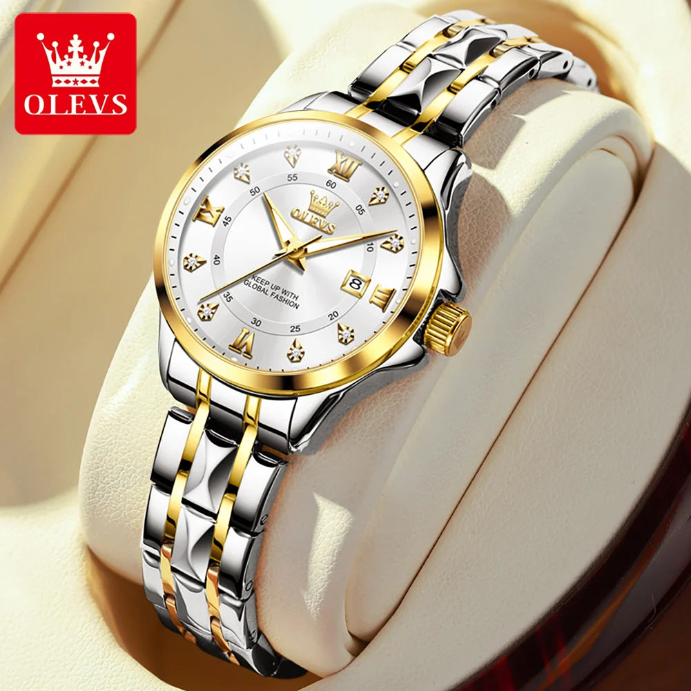 OLEVS 2906 Couple Watch Luxury Stainless Steel Waterproof Clock Fashion Roman Scale Diamond Calendar Dial Men Women Quartz Watch