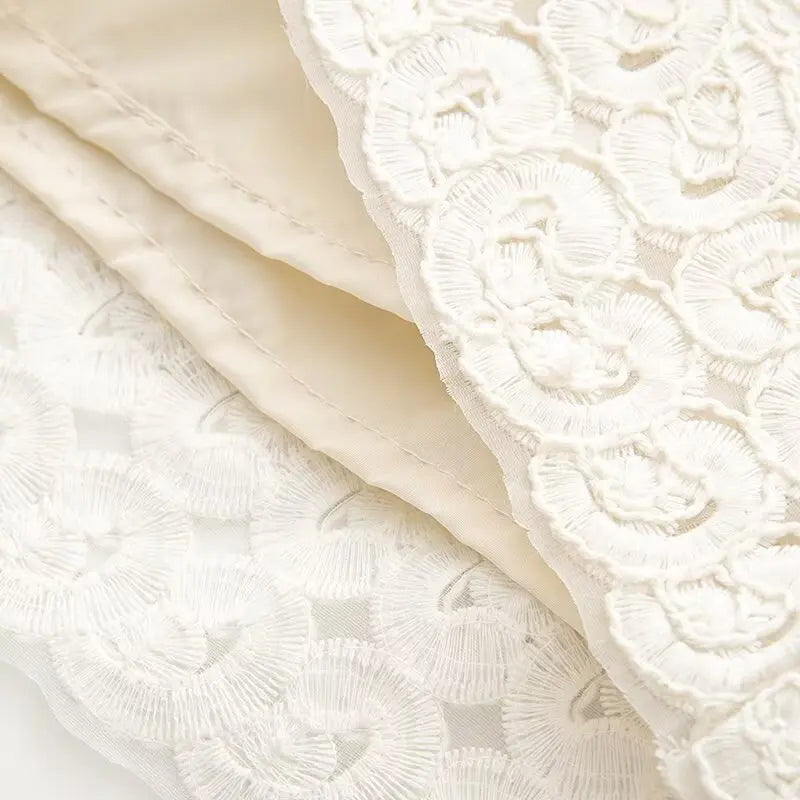 Women's Embroidery Crochet Hollow Shirts High Waist Skirt Suit Suit Mesh O-neck Full Sleeve Blouse Solid Color Skirt Set