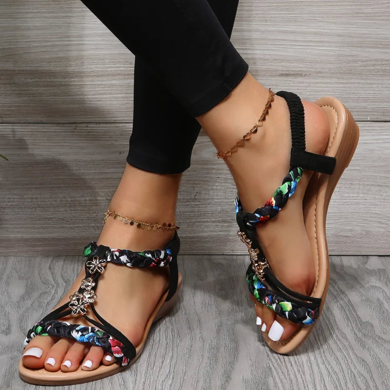 Sandals Woman Summer 2023 Fashion Comfortable Weave Slippers Beach Bohemian Slides Ladies Flats Sandals Rome Shoes for Women