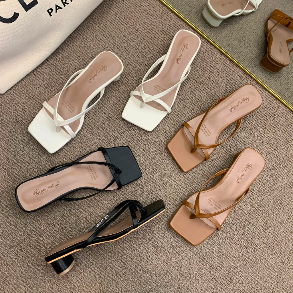 High Heels Comfortable New Summer Solid Leather Slippers Female Shoes Women Shoes Woman Fashion Cool Mules Slides Flip Flops