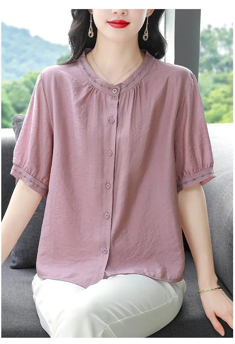 Embroidered Blouse Women Short Sleeve Summer Loose Slimming Top