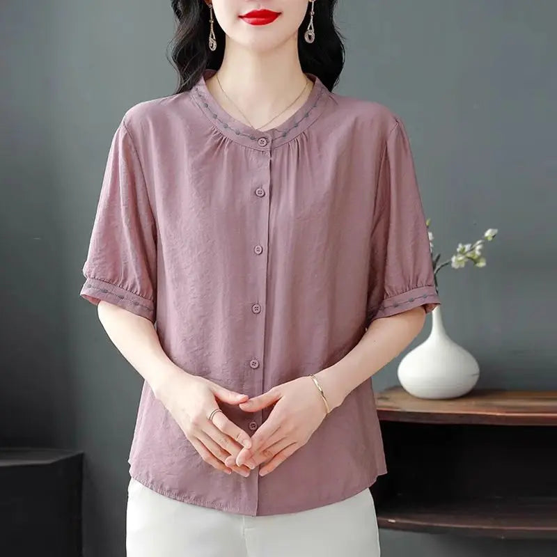 Embroidered Blouse Women Short Sleeve Summer Loose Slimming Top