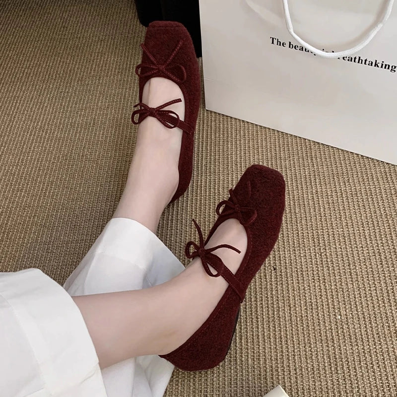 Flats Women's Loafers Shoes Shallow Suede Bow Fashion Shoes Square Toe Casual Dress Autumn 2025 Designer Cozy Zapatos De Mujer