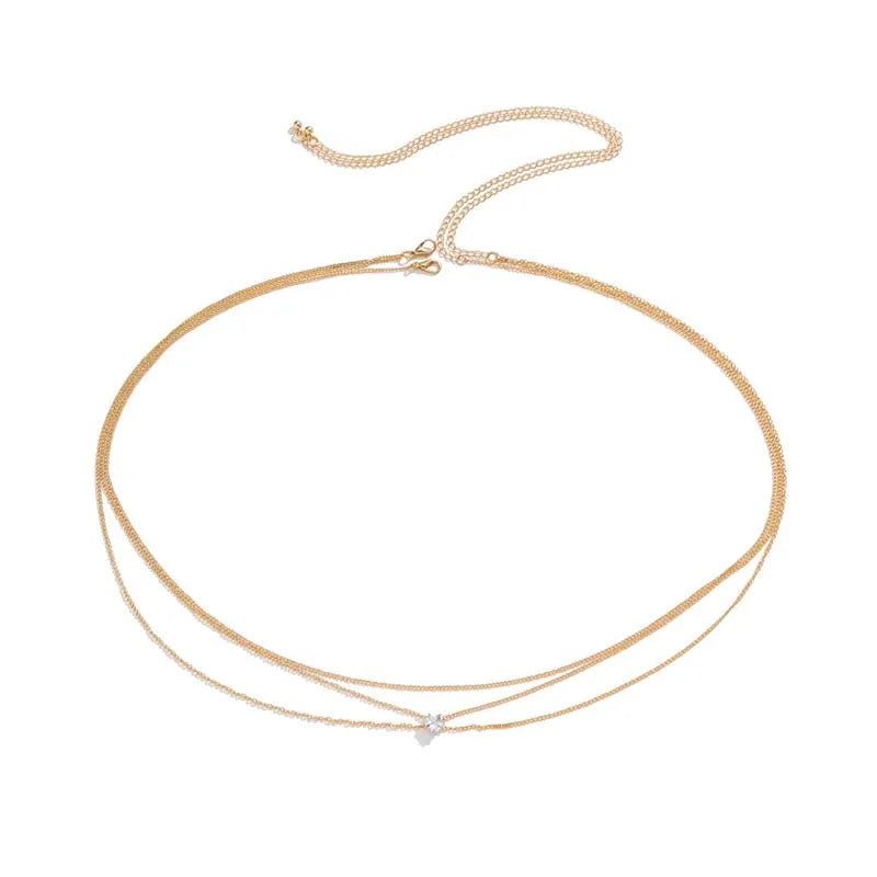 Fashion Metal Double Layered Cross Waist Chain for Women Simple Rhinestone Heart Thin Chain Body Chain Party Jewelry Accessories