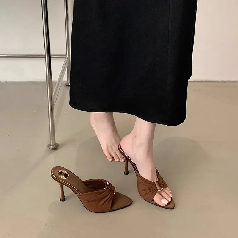 Elegant Woman Heeled Shoes 2025 New Open Toe Slippers Women Fashion Outdoor Metal Decoration Summer Plus Size Dress High Heels
