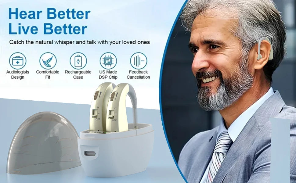 Auxiliary headphones, sound amplifier, noise reduction, adjustable volume, hanging ear with charging case