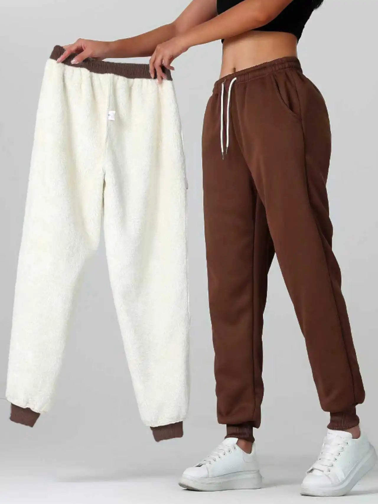 One pair of women's long pants for autumn and winter, thickened with fleece, warm solid color casual sportswear, with pockets