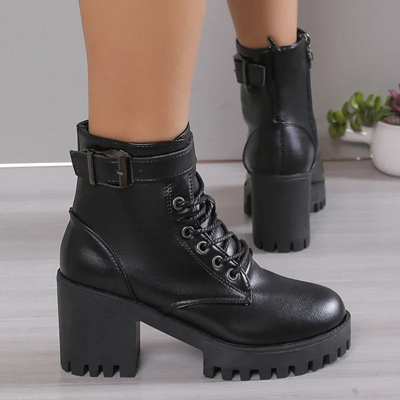 Women's High Heels Ankle Boots for 2023 Black PU Leather Platform Short Boots Woman Side Zipper Thick Heeled Punk Botas De Mujer