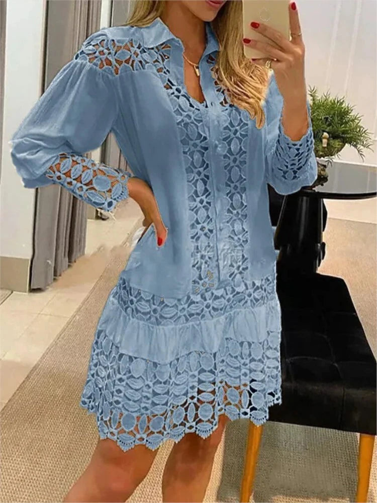 Women Lace Stitching Sexy Hollow Out And Transparent Dress Not Lined Elegant Office Spring Casual Long Sleeve White Shirt Dress