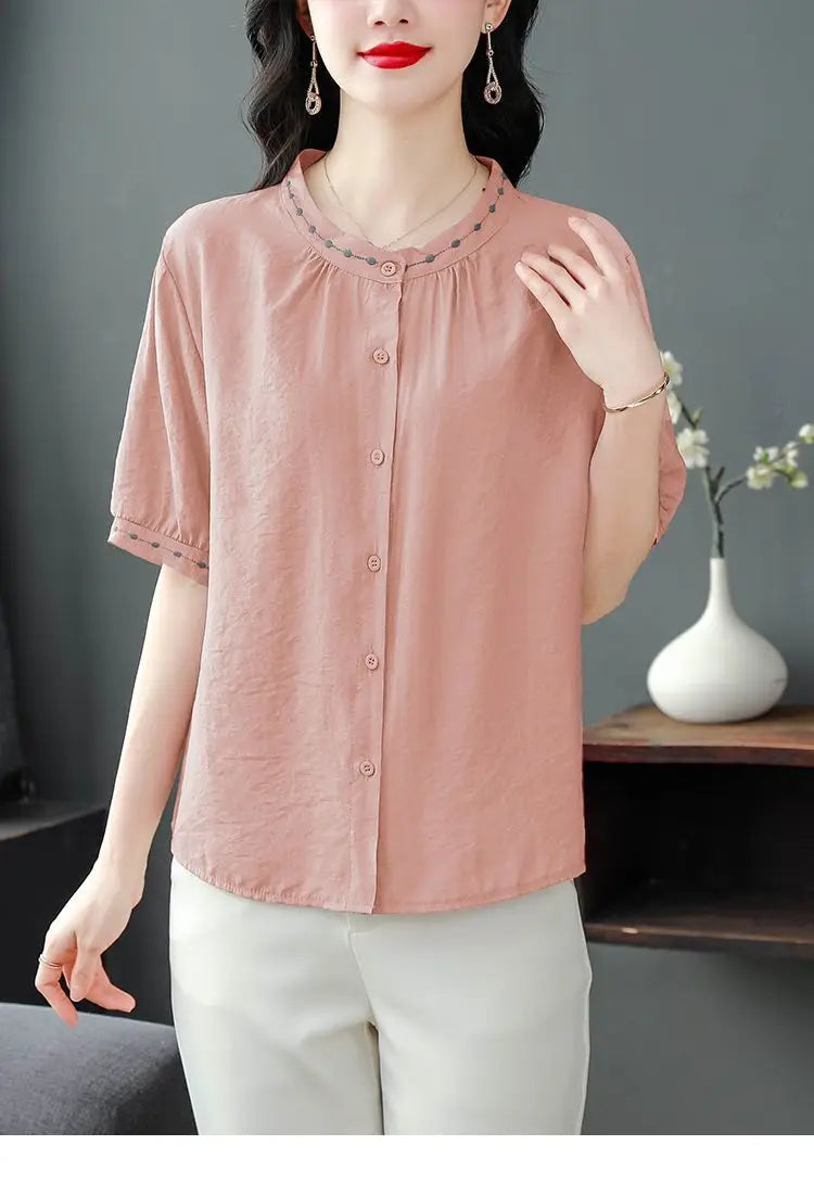 Embroidered Blouse Women Short Sleeve Summer Loose Slimming Top