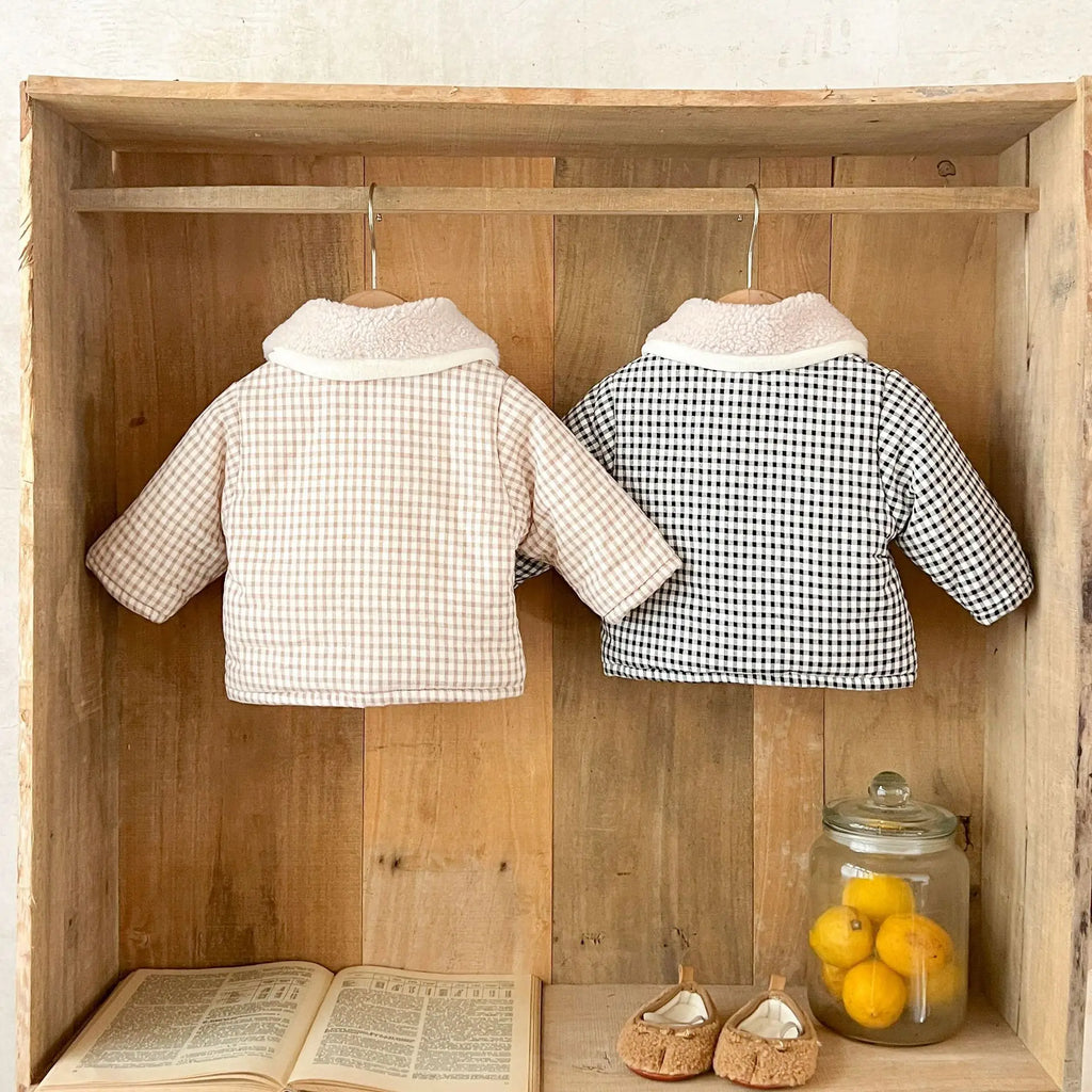 Winter Baby Girl Clothing  Plaid Coat Warm Fleece Lined Cartoon Bear Embroidery Children Cotton Padded Jacket