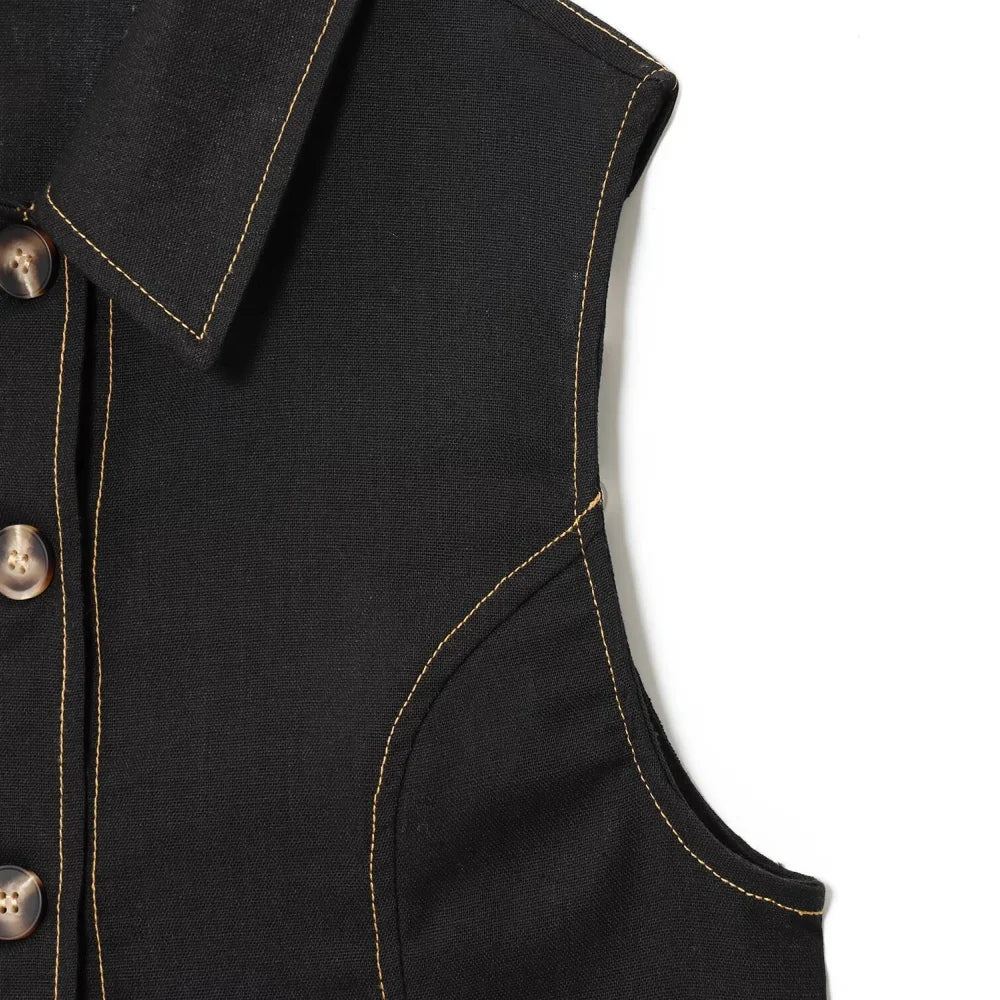 Women's Color Contrasting Stitch Collar Single breasted Straight Tank Top Long Fold Belt Bermuda Shorts Summer New Pants