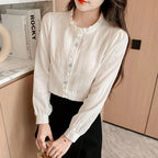 Woman's Embroidery Cotton Long-Sleeved Shirt New Stand Collar Stitching Ruffled Shirts Female Temperament Age-Reducing Thin Top