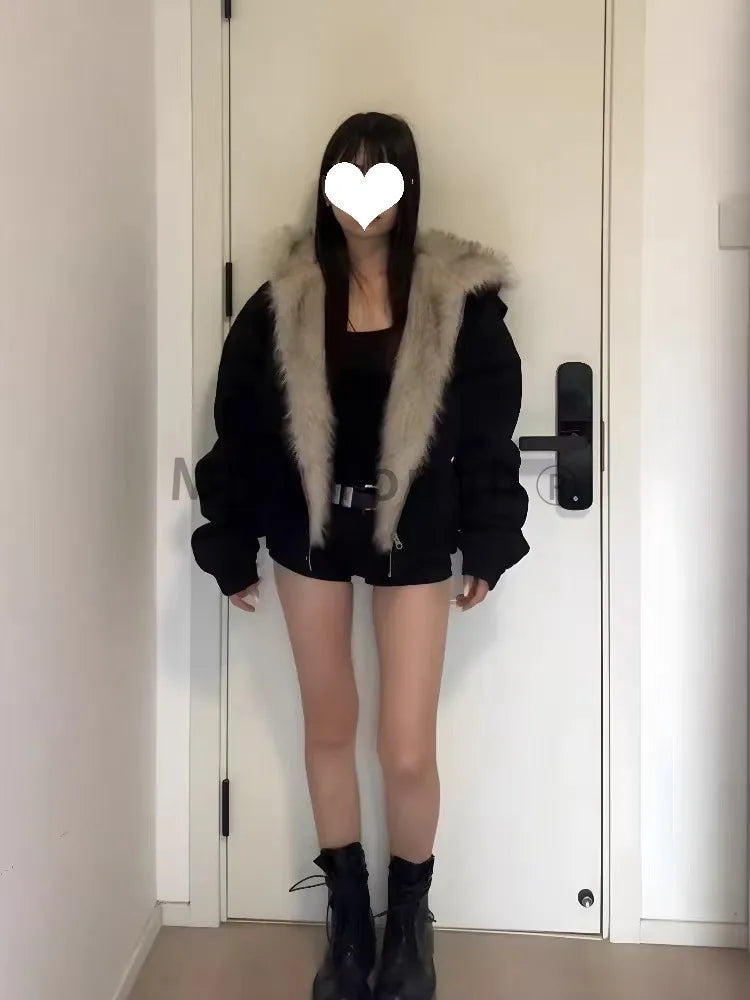 Winter New Elegant Liner Fur Loose Coat Women Y2k Fur Collar Hood Thick Fashion Parkas Casual Outerwear Cotton Padded Jackets